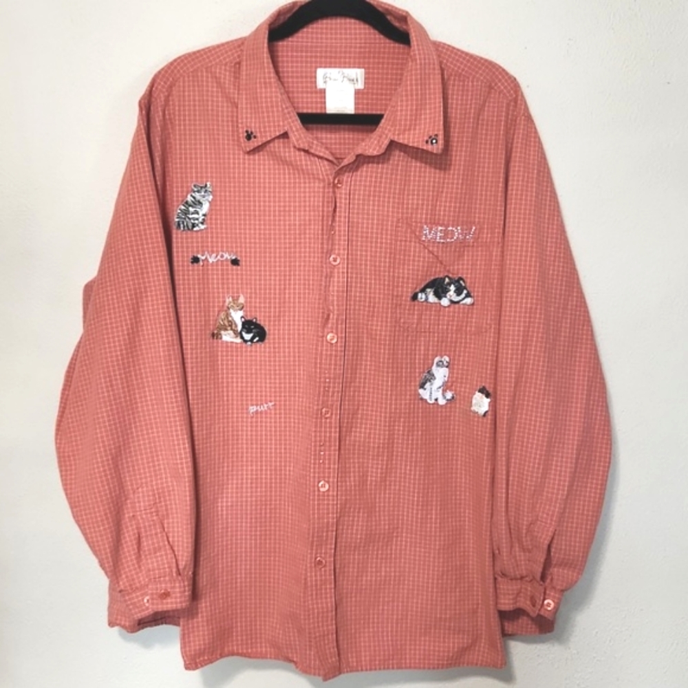 Vintage Bobbie Brooks Orange Gingham Cat Lady Button Up Shirt 26W/28W - Picture 16 of 16